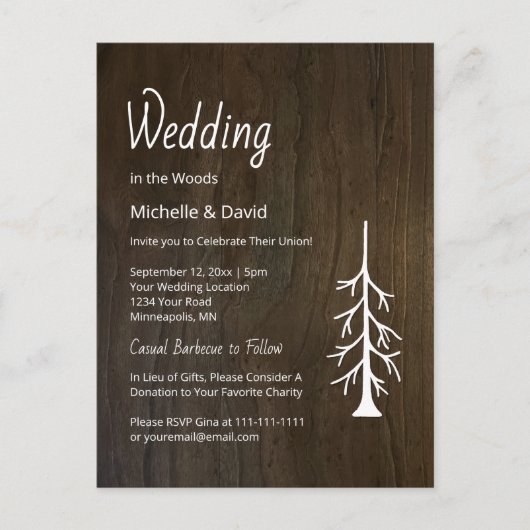 Woodland Pine Tree Rustic Wood Casual bruiloft Uitnodiging Briefkaart (Voorkant)