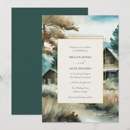 Woodland Pine Tree Waterverf bruiloft Kaart (Voorkant / Achterkant)
