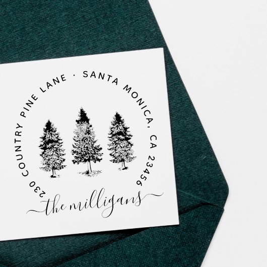 Woodland Pine Trees Gebogen Naam Retouradres Zelfinktende Stempel