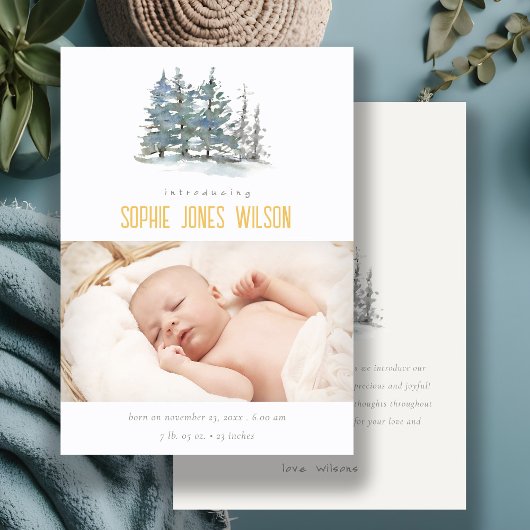 Woodland Pine Trees Neutral Birth Announement Bedankkaart