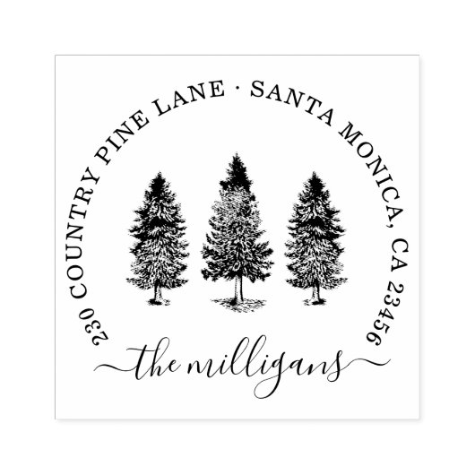 Woodland Pine Trees Script Naam & Retouradres Rubberstempel (Afrduk)