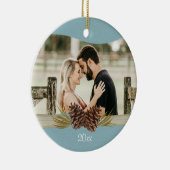 Woodland Pinecones Blue Foto Keramisch Ornament (Rechts)