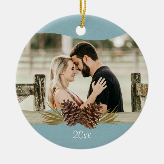 Woodland Pinecones Blue Foto Keramisch Ornament (Voorkant)