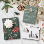 Woodland Pines Kerstmis Inpakpapier Vel<br><div class="desc">Dit bos met kerstcadeaus ziet er perfect uit op de geschenken onder je boom. De design zijn voorzien van één vel met waterverf pines, poinsettias en holly greenery. Het tweede blad met de woorden "Vrolijk Kerstfeest" op een groene achtergrond. Bewerk met je eigen gevoel. Het derde vel met waterverf pijnbomen...</div>