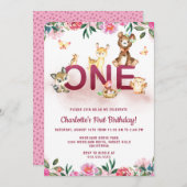 Woodland Pink 1st Birthday Kaart (Voorkant / Achterkant)