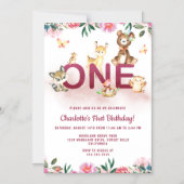 Woodland Pink 1st Birthday Magnetische Uitnodiging (Voorkant)