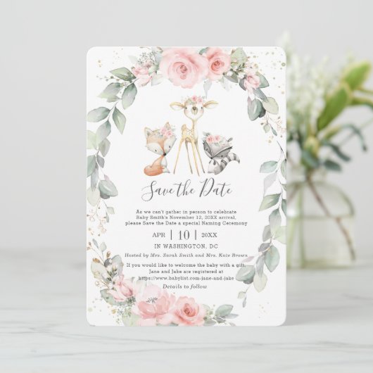 Woodland Pink Floral Save the Date Baby Naming Kaart (Staand voorkant)