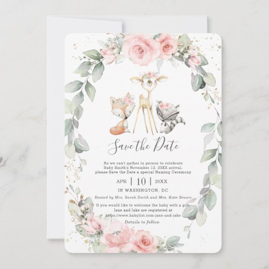 Woodland Pink Floral Save the Date Baby Naming Kaart (Voorkant)