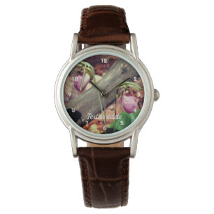 Woodland Pink Wild Lady Slipper Orchid Flowers Horloge