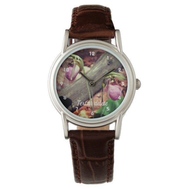 Woodland Pink Wild Lady Slipper Orchid Flowers Horloge (Voorkant)