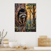 Woodland Portrait: wasbeer in een vogelnest Poster (Keuken)