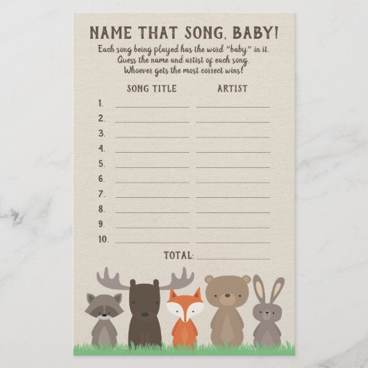 Woodland raadt de Baby Song Baby shower Game Kaart (Voorkant)