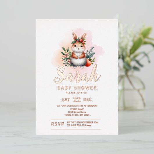 Woodland Rabbit Animal Baby shower Folie Uitnodiging (Staand Voorkant)