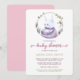 Woodland Rabbit Pink Green Books Girl Baby shower Kaart