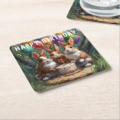Woodland Rabbits Verjaardagsfeest Kartonnen Onderzetters (Schuin)