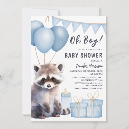 Woodland Raccoon Baby shower Boy Blue Balloons Kaart (Voorkant)