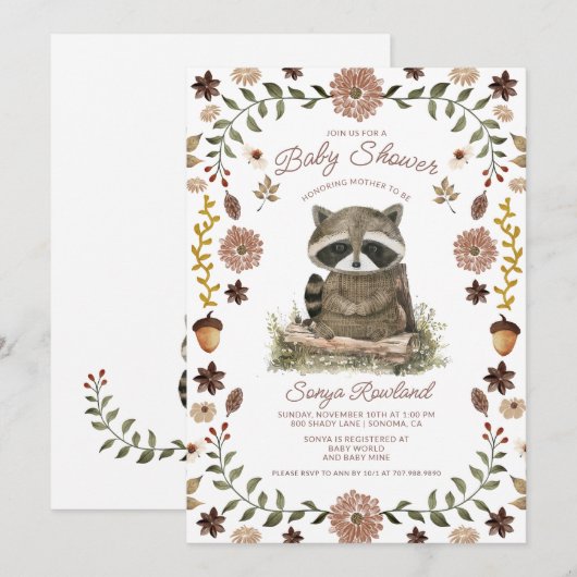 Woodland Raccoon Baby Shower Kaart (Voorkant / Achterkant)