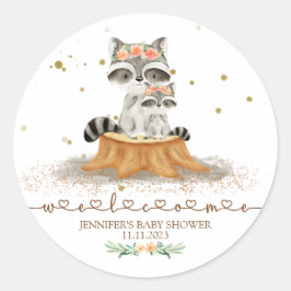 Woodland Raccoon Baby shower Welkom Ronde Sticker
