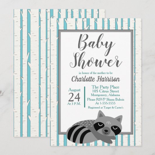 Woodland Raccoon & Berken Baby shower Kaart (Voorkant / Achterkant)