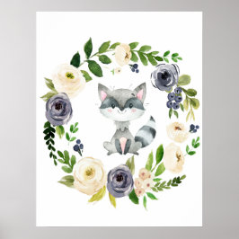 Woodland raccoon navy floral nursery print