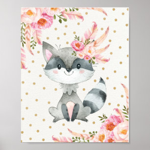 Woodland Raccoon Nursery Art Boho Floral Decor Poster