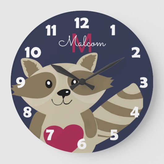 Woodland Raccoon Schattig Monogrammed Personalized Grote Klok (Voorkant)