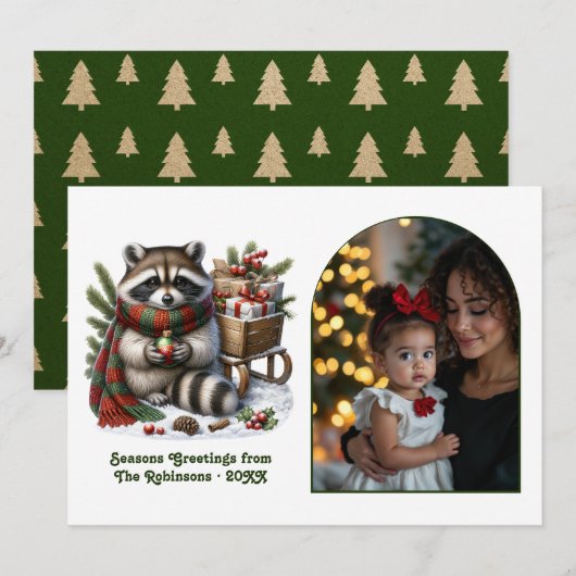 Woodland Raccoon Seasons Greeting Rustic Christmas Feestdagenkaart (Voorkant / Achterkant)