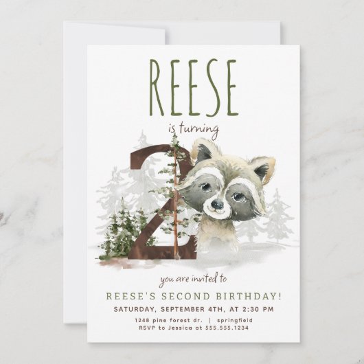 Woodland Raccoon Tweede verjaardag uitnodiging (Voorkant)