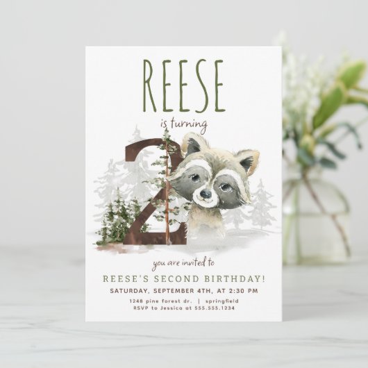 Woodland Raccoon Tweede verjaardag uitnodiging (Staand voorkant)