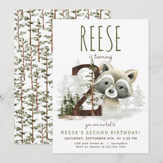 Woodland Raccoon Tweede verjaardag uitnodiging (Voorkant / Achterkant)