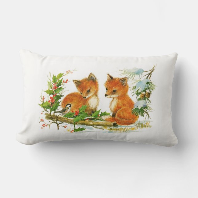 Woodland Red Foxes en Bird kerstscene Kussen (Voorkant)