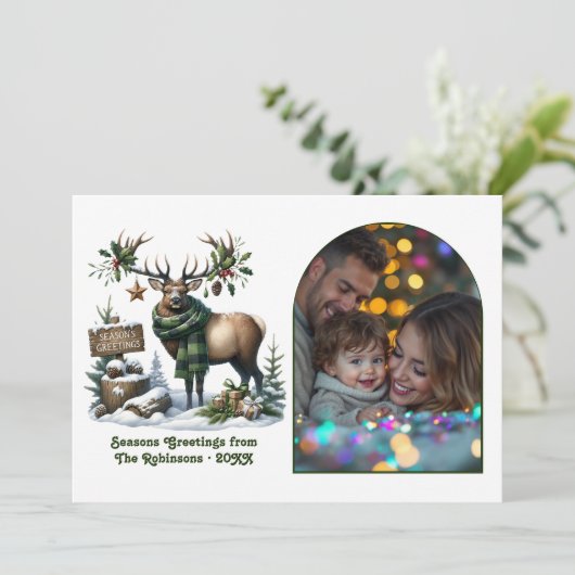 Woodland Reindeer Rustic Forest Christmas Photo Feestdagenkaart (Staand voorkant)