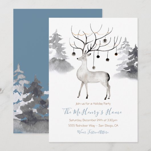 Woodland Reindeer Waterverf Kerstfeest Kaart (Voorkant / Achterkant)