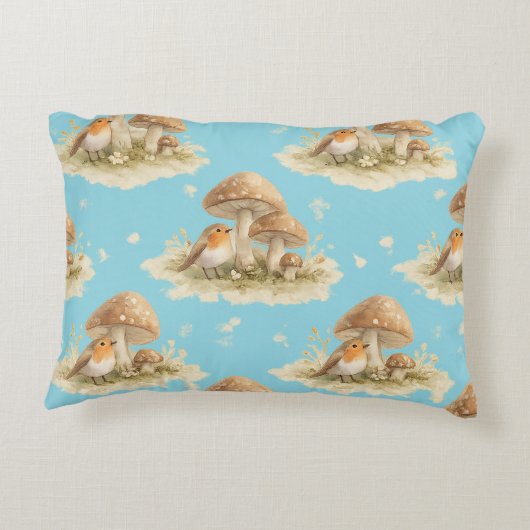 Woodland Robin & Mushroom Watercolor Pattern Accent Kussen (Achterkant)