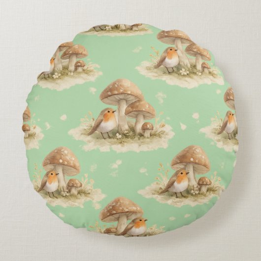 Woodland Robin & Mushroom Watercolor Pattern Rond Kussen (Voorkant)