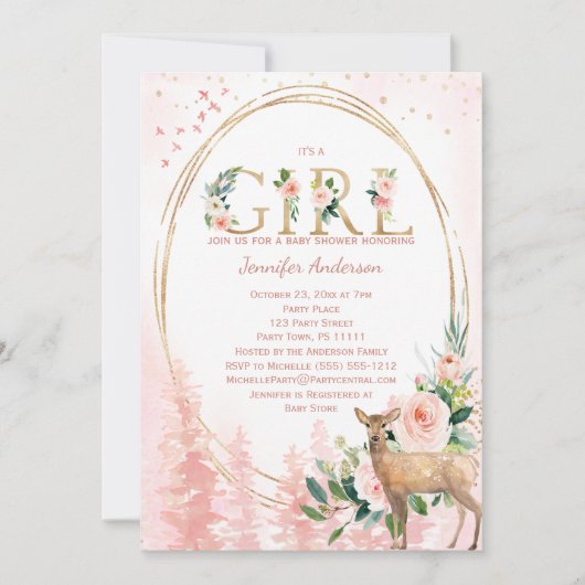 Woodland Roos Baby Girl Shower Kaart (Voorkant)