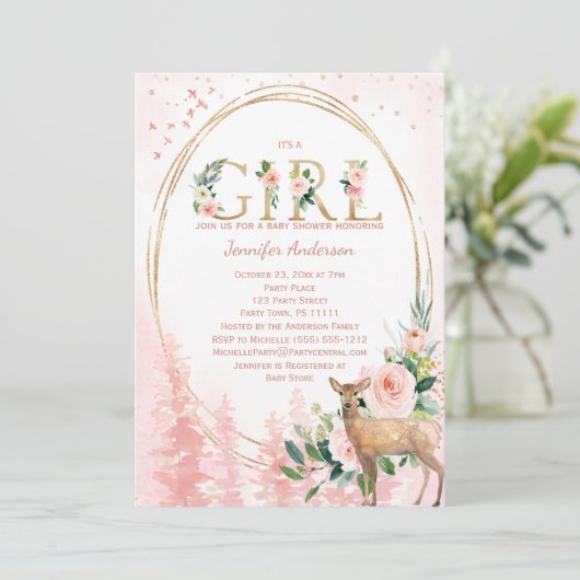 Woodland Roos Baby Girl Shower Kaart (Staand voorkant)