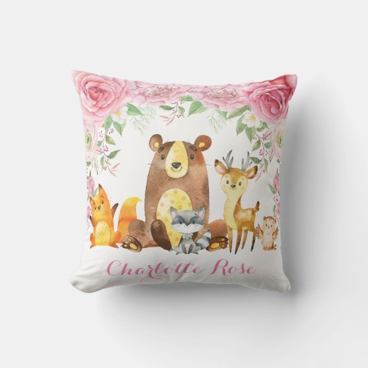 Woodland roze bloemige Rozen baby meisje kinderkam Kussen (Voorkant)