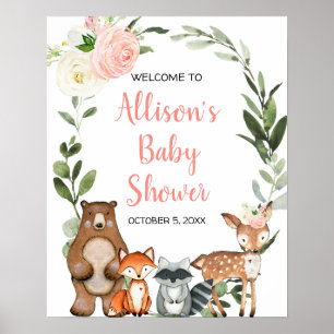 Woodland roze floral baby shower welkomstteken poster