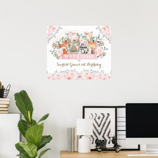  Woodland Roze Floral Girl Birthday Welkom Poster (Thuiskantoor)
