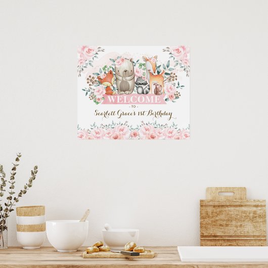  Woodland Roze Floral Girl Birthday Welkom Poster (Keuken)