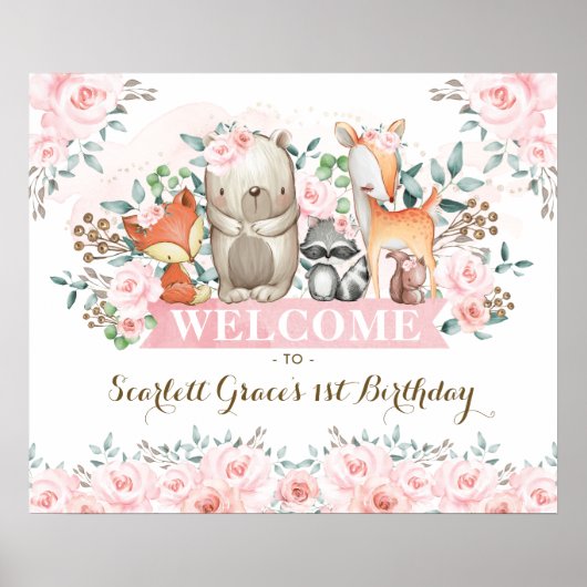  Woodland Roze Floral Girl Birthday Welkom Poster (Voorkant)