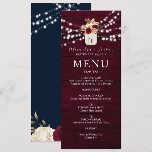 Woodland Rustic Bourgogne bruiloft Menu (Voorkant / Achterkant)