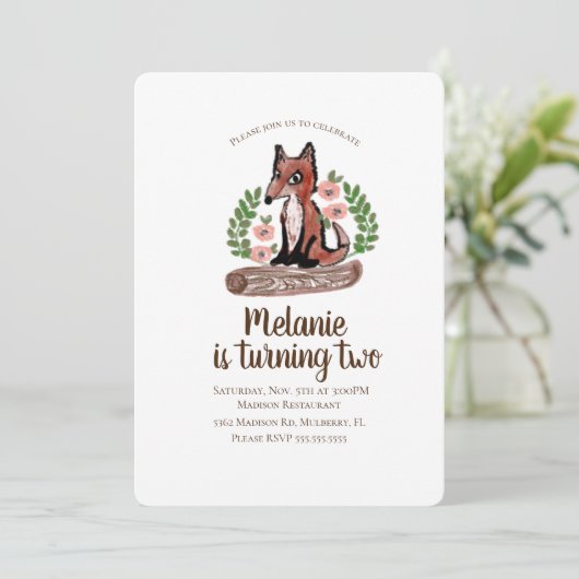 Woodland Rustic Fox Floral Birthday Party Kaart (Staand voorkant)