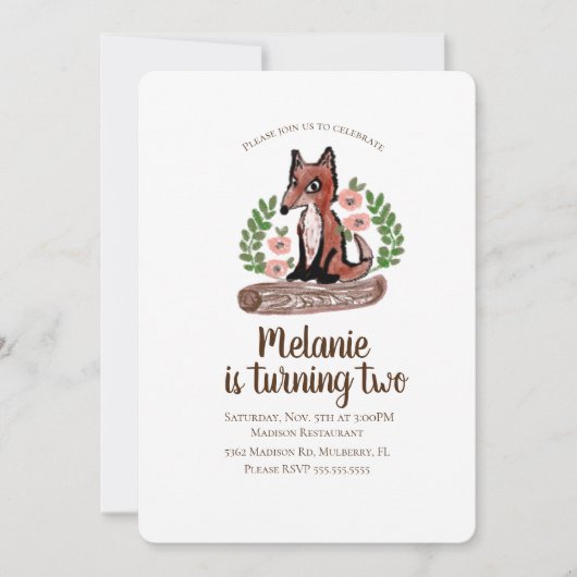 Woodland Rustic Fox Floral Birthday Party Kaart (Voorkant)
