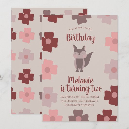Woodland Rustic Fox Flowers Birthday Party Kaart (Voorkant / Achterkant)