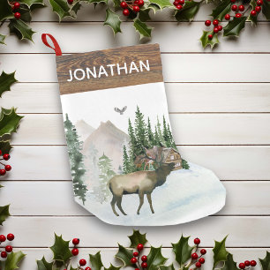 Woodland Rustic Waterverf Elk in Forest Cabin Kleine Kerstsok