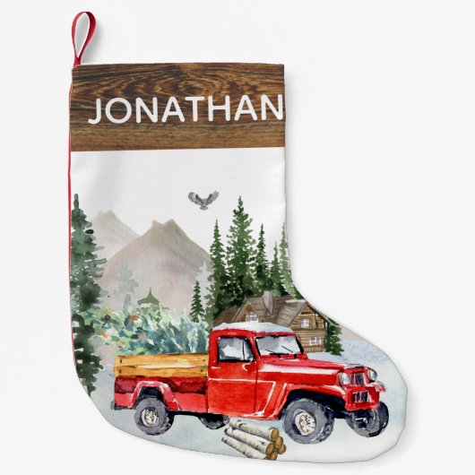 Woodland Rustic Waterverf Truck Cabin Country Kleine Kerstsok (Voorkant)