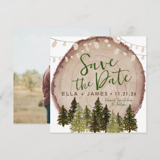Woodland Rustic Wood Slice Save the Date Kaart (Voorkant / Achterkant)