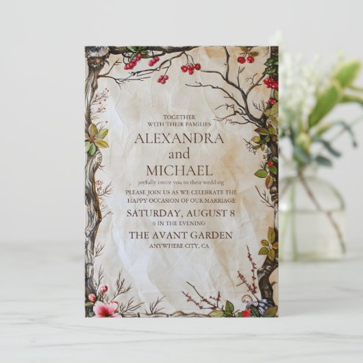 Woodland rustieke botanische bruiloft kaart (Staand voorkant)